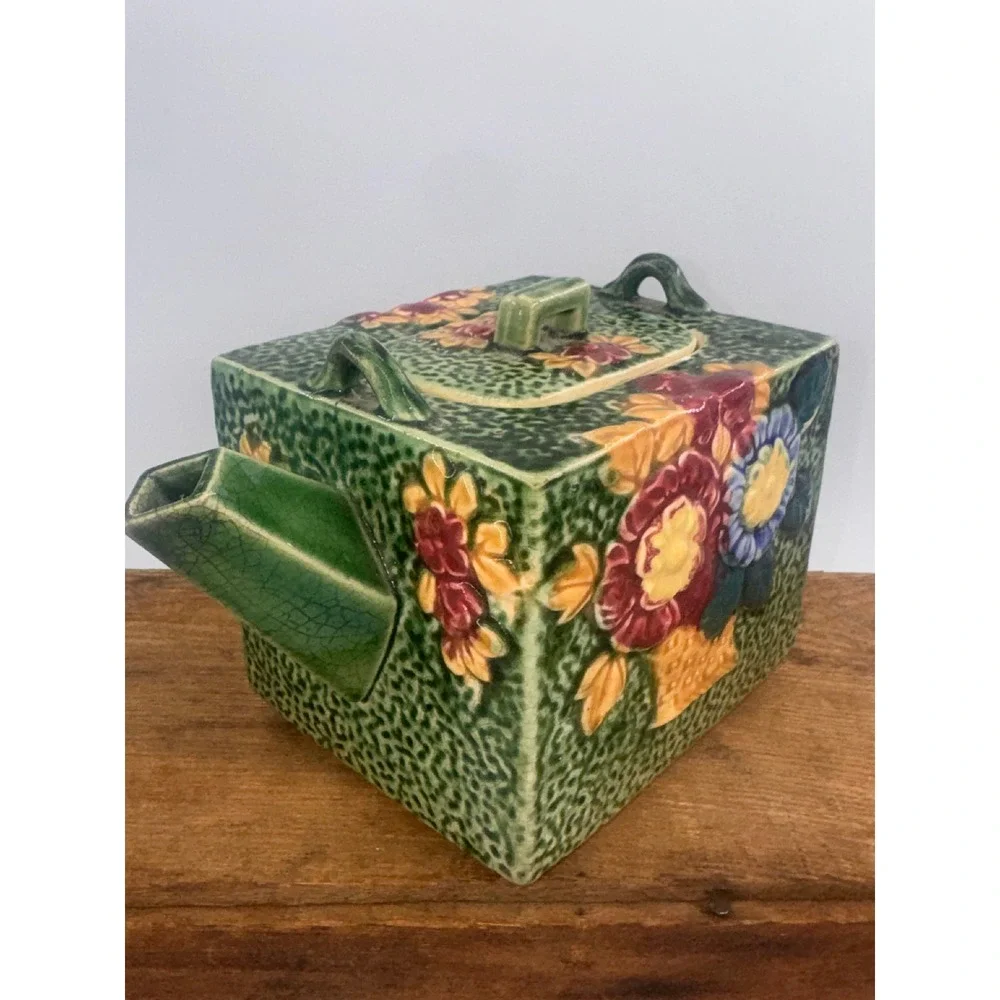 Vintage Japanese Square Ceramic Teapot Floral Majolica Style Green Made in Japan
